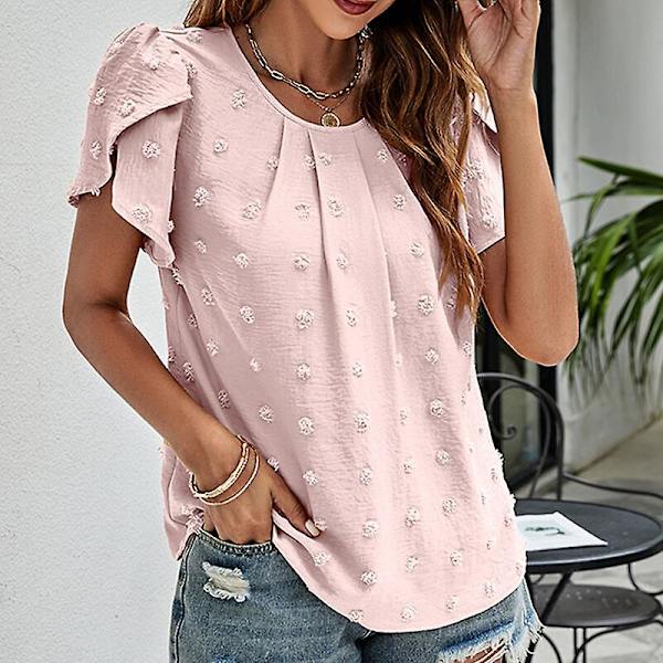 Naisten T-paita Pyöreäkaulainen Chiffon-Paita Pistekuvioinen Tunika Bloussi Rento Lehti-Hihainen Tee Pink S