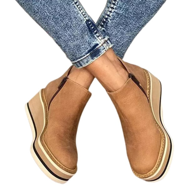Dame Premium solide farger kile ankelstøvletter rund tå fottøy kiler Uformelle sko Fasjonable Khaki 35