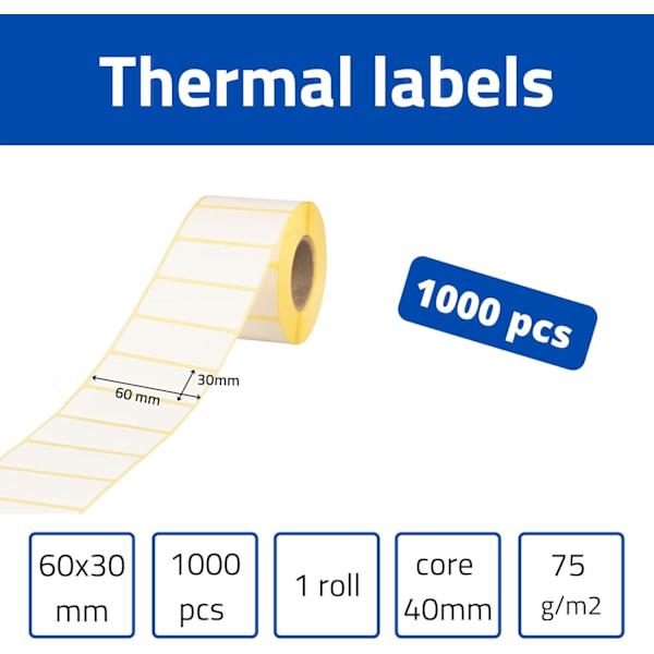 MDlabels Vita Termiska Etiketter Rulle - 60 x 30mm - 1000 Stycken - Permanent Lim för Streckkoder, Vita Självhäftande Etiketter för Märkning