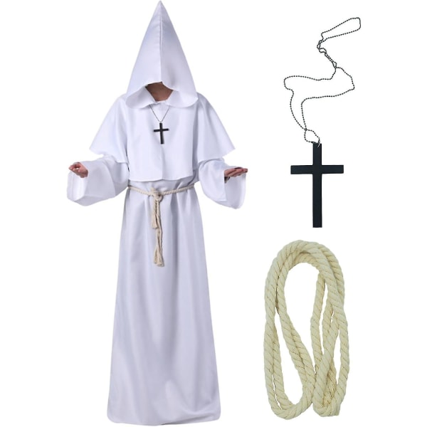 Unisex voksen middelalderkåbe kostume munk hættekåbe kappe broder præst troldmand halloween tunika kostume 3 stk. White Large