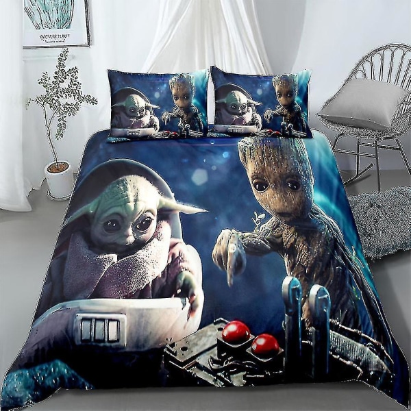 3D-trykt Groot Yoda sengetøysett - dynetrekk, putevar, enkeltseng, dobbeltseng, gave til barn AU DOUBLE 180x210cm