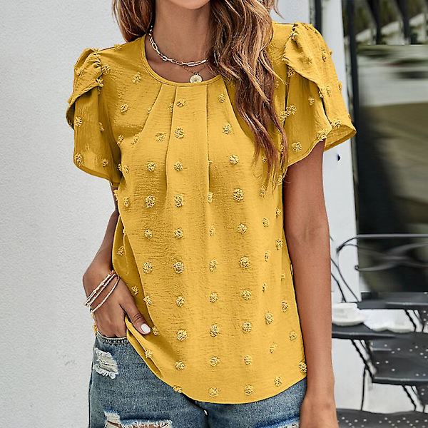 Damet-shirt med rund hals, Chiffon Top med Polka Dots, Tunika Bluser, Casual Bluser med Petal-ærmer Yellow L