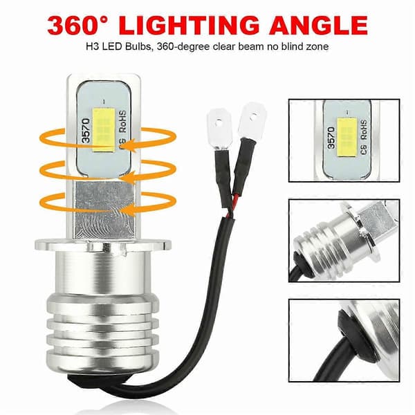 2X H3 Super Sterk LED Frontlykt Tåkelys Kjørelys Pære Kit 6000K Hvit 10W Black