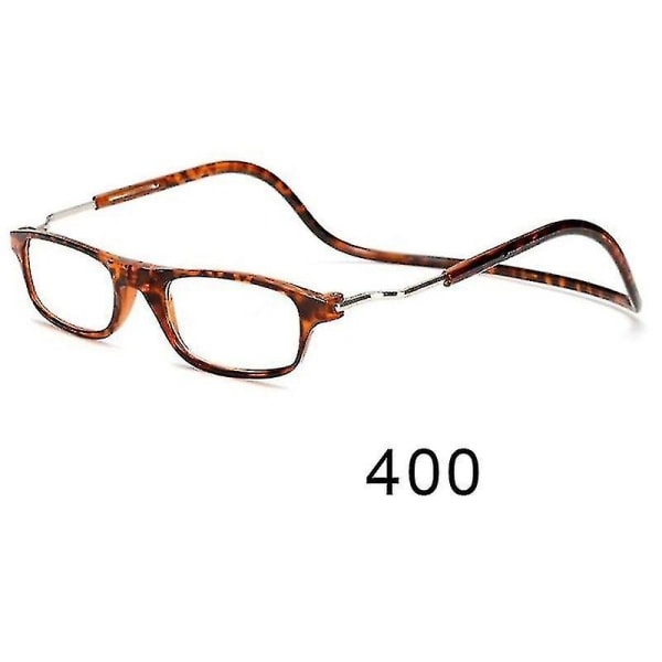 Fleksible magnetiske lesebriller Hengende hals Sammenleggbare Justerbare klare lesebriller Leopard Print glasses power 400