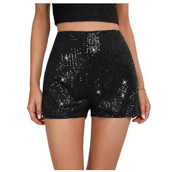 Damshorts med paljetter, hög elastisk midja, glittriga festbyxor S