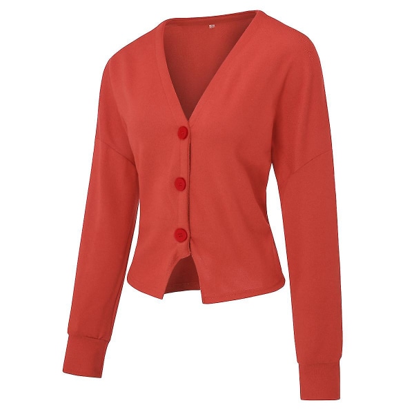 Bomuld Dame V-hals Fashion Design Løs ensfarvet Casual Cardigan 15 farver Orange red L