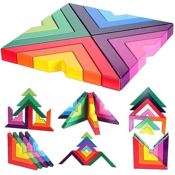 Geometriske regnbueblokke i træ til tidlig læringslegetøj til børn