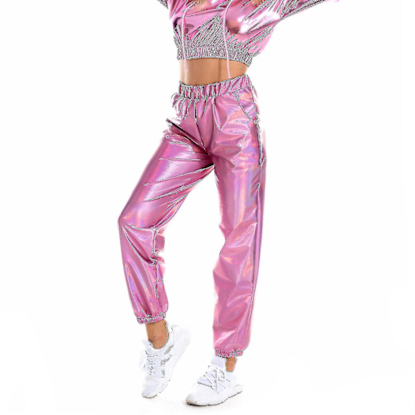 Dametøj Holografisk Streetwear Club Cool Skinnende Afslappet Bukser Pink XL