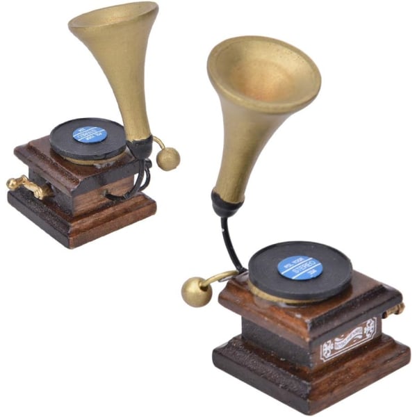 1:12 Nukkekodin sisustustarvikkeet Antiikkinen gramofoni, vintage fonografi Perhehuonekalut Puiset levyt nukkekotimalli (ruskea)