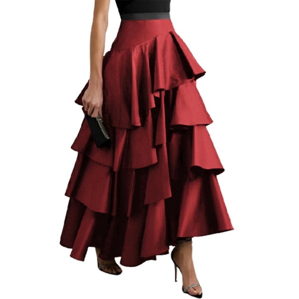 Uoozee Urban A-line volang partykjol för kvinnor, veckade enfärgade långa kjolar med hög midja Red M