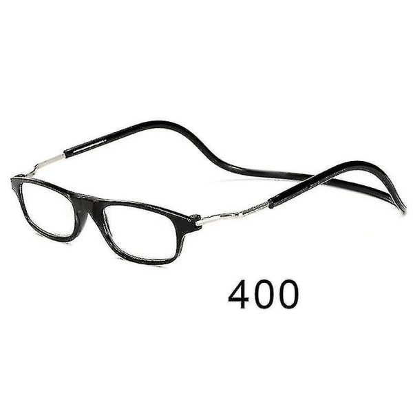 Joustavat magneettiset lukulasit, jotka ripustetaan kaulaan, taitettavat ja säädettävät kirkkaat lukulasit Black glasses power 400