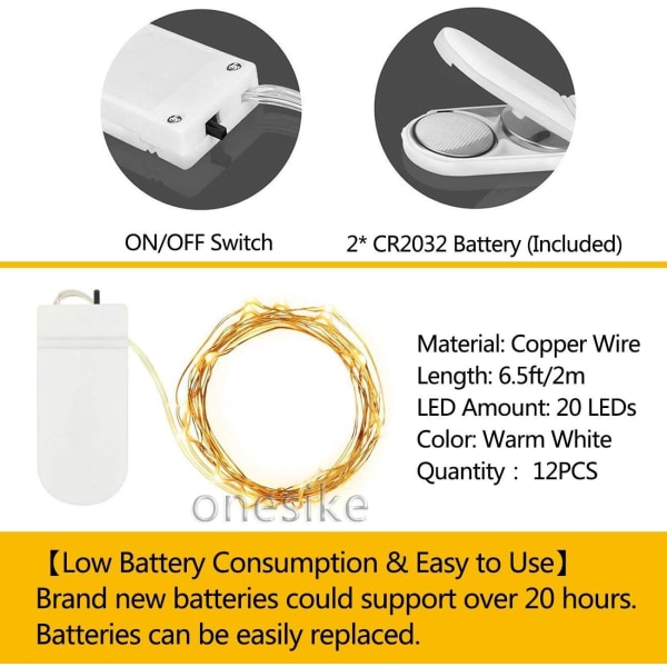 12 stk. LED-lysstreng, Batteridrevet, 20 LED'er, 2m (6,5ft) Mikro Kobbertrådslys