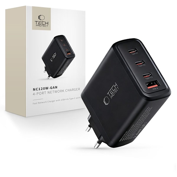 Tech-Protect 120W Vægoplader PD QC3.0 USB-C/USB-A Sort 280
