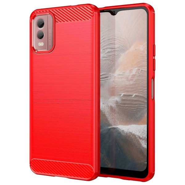 Borstad mjuk TPU phone case för Nokia C32, Carbon Fiber Texture Smartphone Cover Red