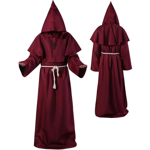 Unisex voksen middelalderkåbe kostume munk hættekåbe kappe broder præst troldmand halloween tunika kostume 3 stk. Burgundy Large