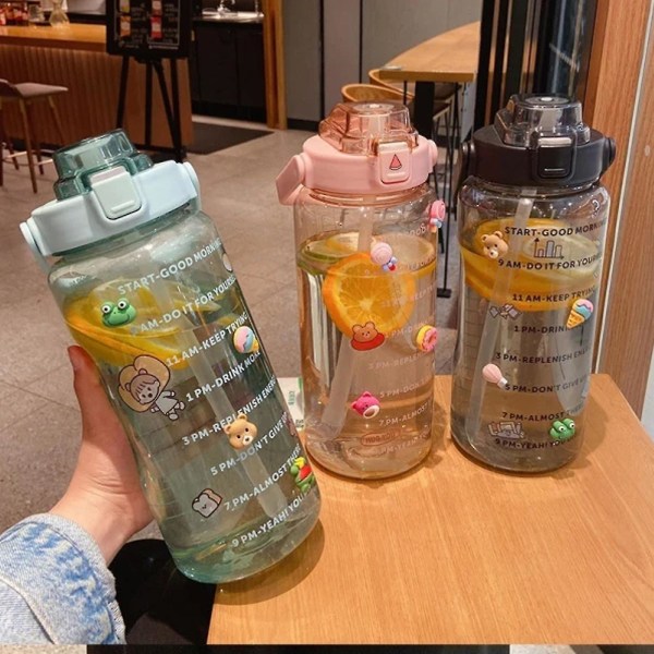 2 liters vannflaske med sugerør Kvinnelige jenter Store bærbare reiseflasker Sport Pink