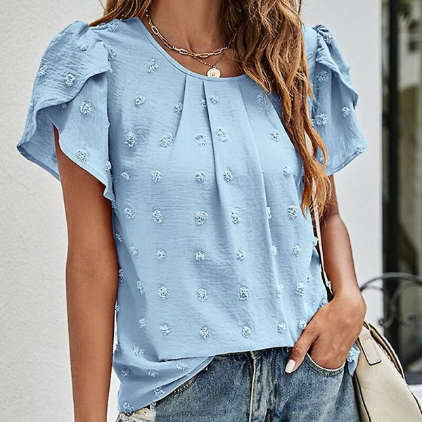 Naisten T-paita Pyöreäkauluksinen sifonkitopit pilkullinen tunikapusero rento terälehti- casual t-paita Blue XL