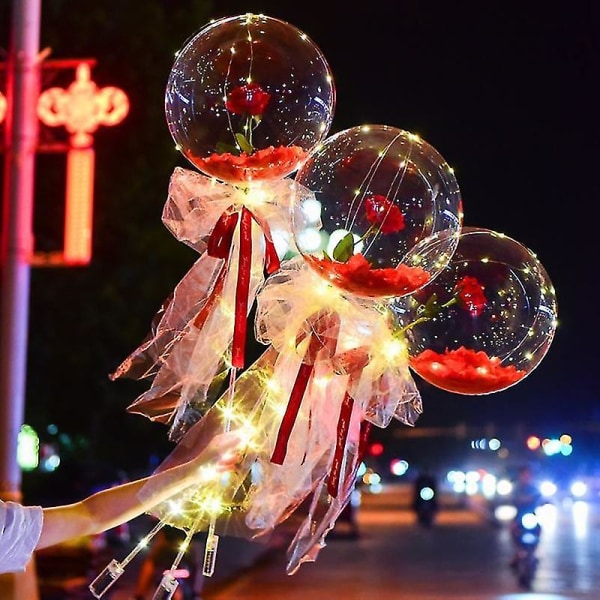 Luminous Balloon Rose Bukett Led Light Up Bobo Ball With Rose 20 Inch Glow Bubble Balloons Med String Lights Red Petals