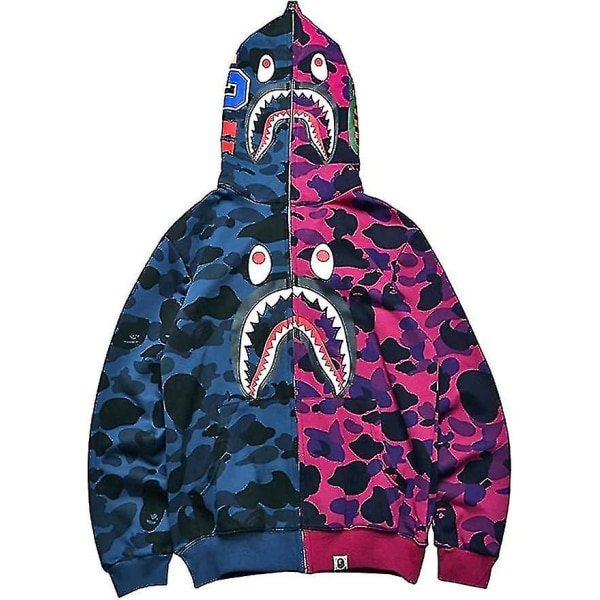 Shark Ape Bape Hoodie Camo Print Polyester Tröja Casual Lös Zip Hoodie Jacka För Män Kvinnor purple blue L