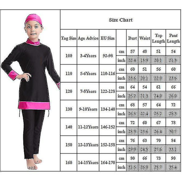 Islamilaisten lasten tyttöjen uimapuku - vaatimaton, koko vartalon peittävä muslimi-uimapuku, ranta-burkini Rose Red 7-8 Years