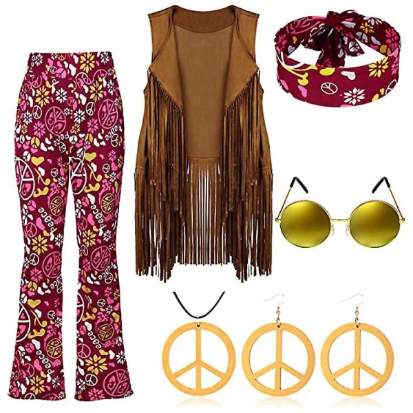 70-luvun Hippi Party Retro-asu Tupsuliivi+housut+huivi Puku Wine red M
