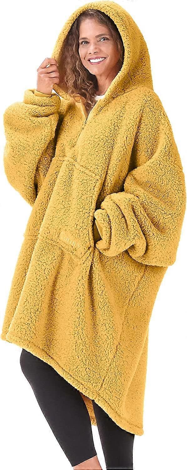 Teddy Bear Quarter Zip Oversized Microfiber Sherpa Bærbar Blanket med Lynlås One Size Mustard