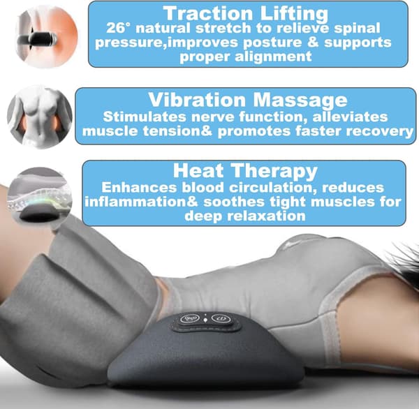 3-in-1 Back Therapy, Back Massage, Sciatica Massage with Traction Lift, Stretcher Portable Deep Tissue Vibration for Neck Shoulder Backs (Grey)