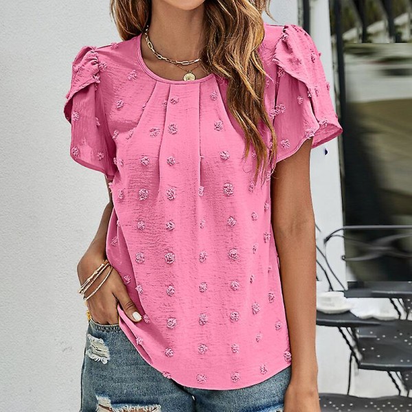 Dame T-shirt Chiffon toppe med rund hals med polka dots tunika bluse Casual T-shirt med kronblade Rose Red S