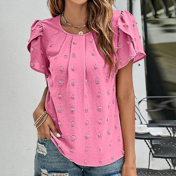 Naisten T-paita Pyöreäkaulainen Chiffon-Paita Pistekuvioinen Tunika Bloussi Rento Lehti-Hihainen Tee Rose Red XL