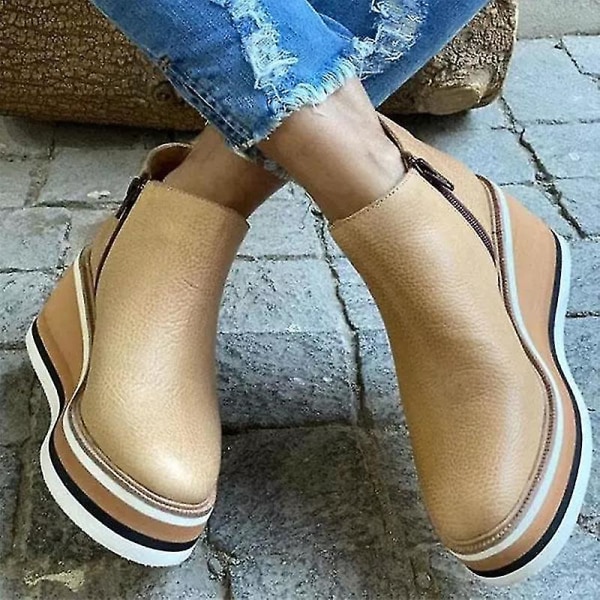 Dames Premium Solid Farvede Kile Ankelstøvler Runde Tå Fodtøj Kiler Casual Sko Mode Brown 37