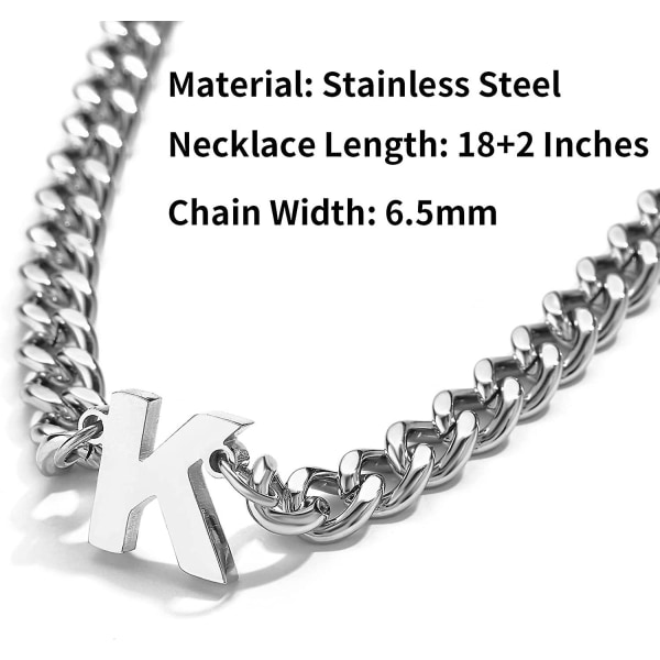 Initial A-z Cuban Link Chain Halskjede For Gutter Menn Kvinner Bokstavheng Rustfritt stål 6,5 mm 18+2 Tommer Smykkegave Silver F