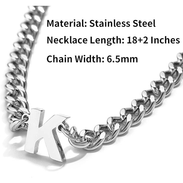 Initial A-z Cuban Link Kæde Halskæde Til Drenge Mænd Kvinder Bogstav Vedhæng Rustfrit Stål 6,5 mm 18+2 Tommer Smykker Gave Silver X