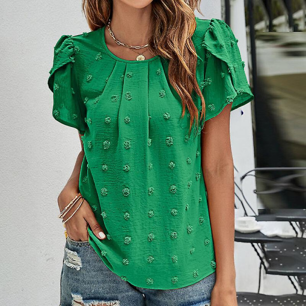 T-shirt dam T-shirt Chiffong med rund halsringning Polka Dots Tunika Blus Casual Petal-sleeve Tee Green M