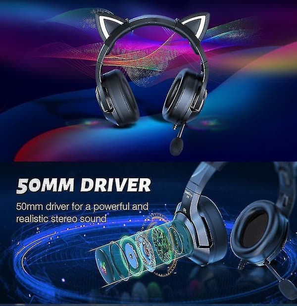 Gaming Headset with Gel Cat Ears Compatible with Xbox One, Ps4, Ps5, Pc (Black)