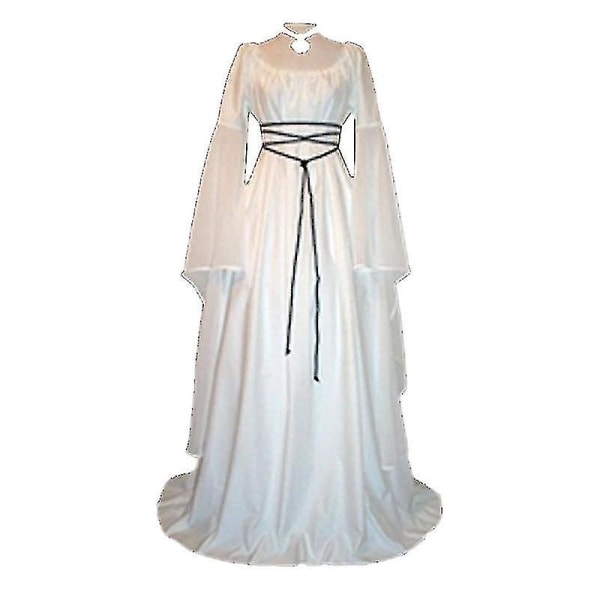 Kvinner renessanse middelalderske maxi kjole gotisk cosplay kostyme White L