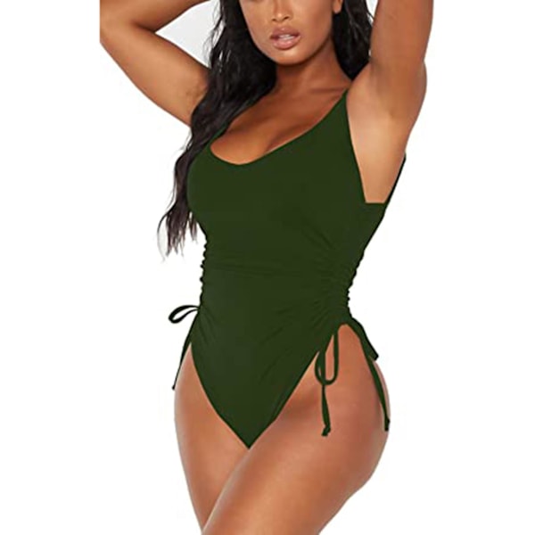Dame Badetøy med Rynket Høy Utskåret Endelt Badetøy Magekontroll Monokini Bikini Army green M