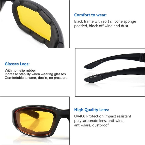 3 stk Motorcykel kørebriller polstring briller Uv beskyttelse Støvtæt vindtæt, grå+hvid+gul yellow