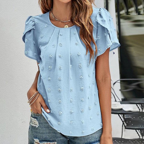 T-shirt dam T-shirt Chiffong med rund halsringning Polka Dots Tunika Blus Casual Petal-sleeve Tee Blue XL