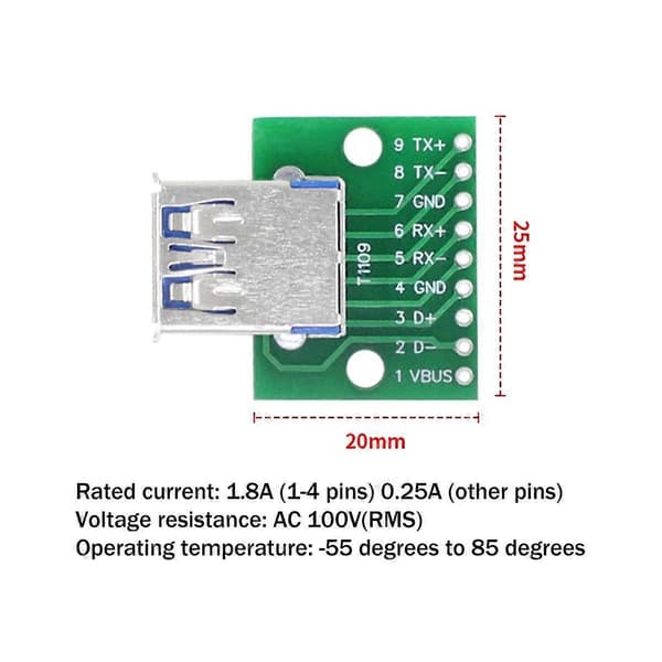 USB 3.0 hun til DIP-stift testkort USB 3.0 til DIP strømadapterkortmodul USB 3.0 adapterkort Green