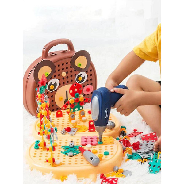 Pædagogisk legetøj træværktøjssæt byggeklodser med bor og 203 stykker - børnegave til finmotorik, kreativitetsudvikling og læring yellow