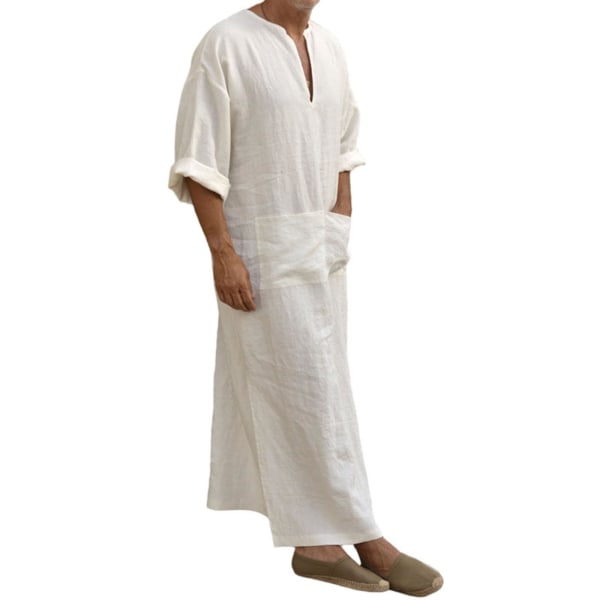 Herre arabiske muslimske Long Robe Clothes Casual Midtøsten Islamsk Thobe Kaftan Robes White L