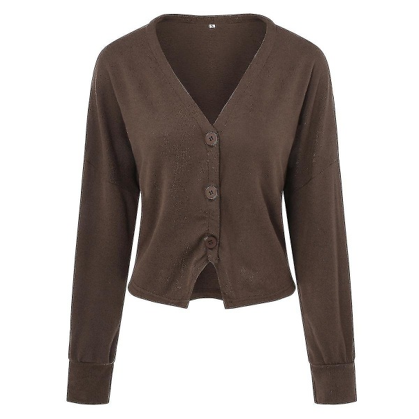 Bomulls Cardigan for Dame med V-hals, Løstsittende, Ensfarget, Casual Design, 15 Farger Brown 2XL