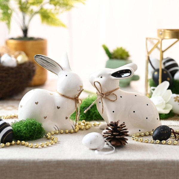 Valery Madelyn 2 stk påskepynt, vårdekor, keramisk kaninfigur, hvite påskeharefigurer, kaninpynt med prikker til hjemmet