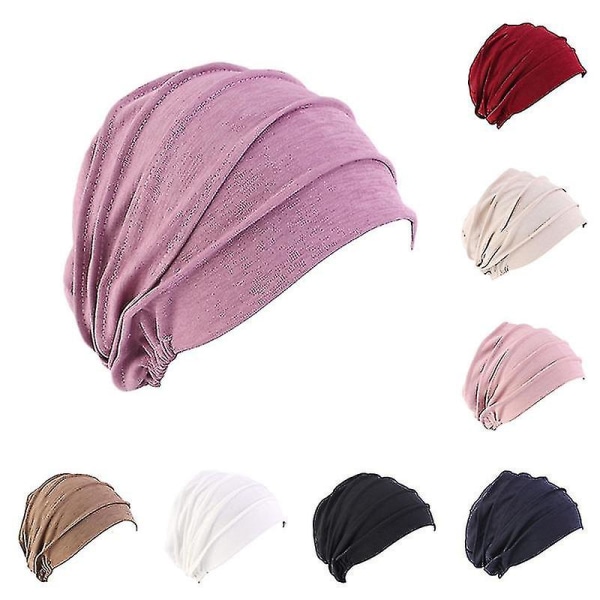 Kvinner Bomull Elastisk Beanie Myk Turban Bonnet Head Wrap Sikring Lamell Chemo Hat Pink