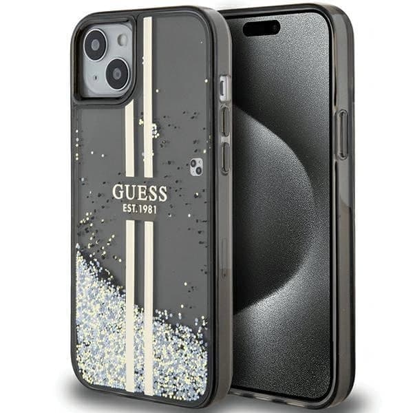 Guess Liquid Glitter Gold Stripes-deksel til iPhone 15 Plus / 14 Plus - svart