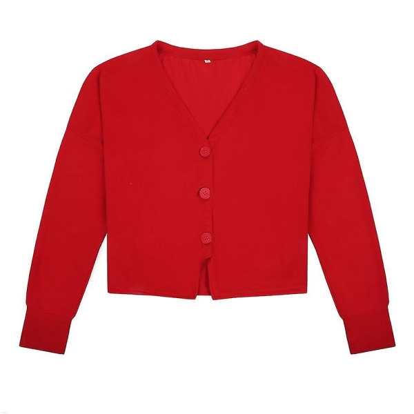 Bomuld Dame V-hals Fashion Design Løs ensfarvet Casual Cardigan 15 farver Red XL