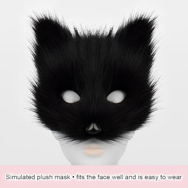 Plush mask med räv svans och öron set, katt svans räv kostym cosplay kostym med katt öron och tass handskar halloween cosplay black and white