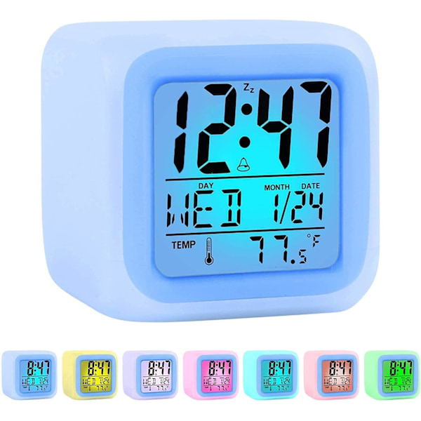 Digital alarmklokke for barn, 7 farger skiftende LED nattklokke med lys for barn, skolegave for jenter gutter kvinner voksne (7,5*7,5*7,5cm)