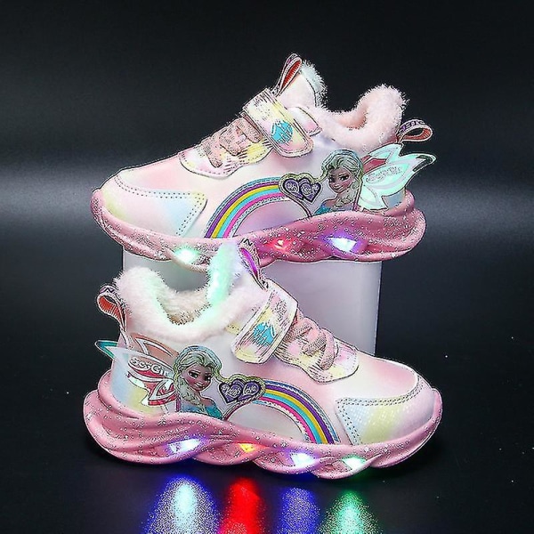 Girls Led Casual Sneakers Elsa Princess Print Outdoor Shoes Kids Light-up Non-slip Shoes For   And Winter