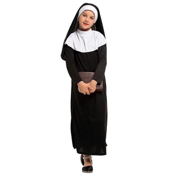 Piger Kristen Katolsk Religion Missionær Nonne Sort Kostume Barn Halloween Boguge Purim Party Fantasy Fancy Dress XL  130-140 CM